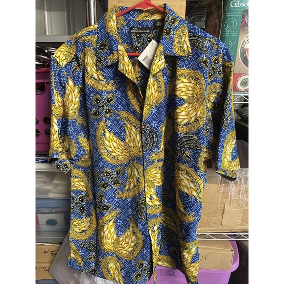 No Boundaries Mens Hawaiian Shirt‎ Blue Black & Gold Aloha New Large - Picture 1 of 4